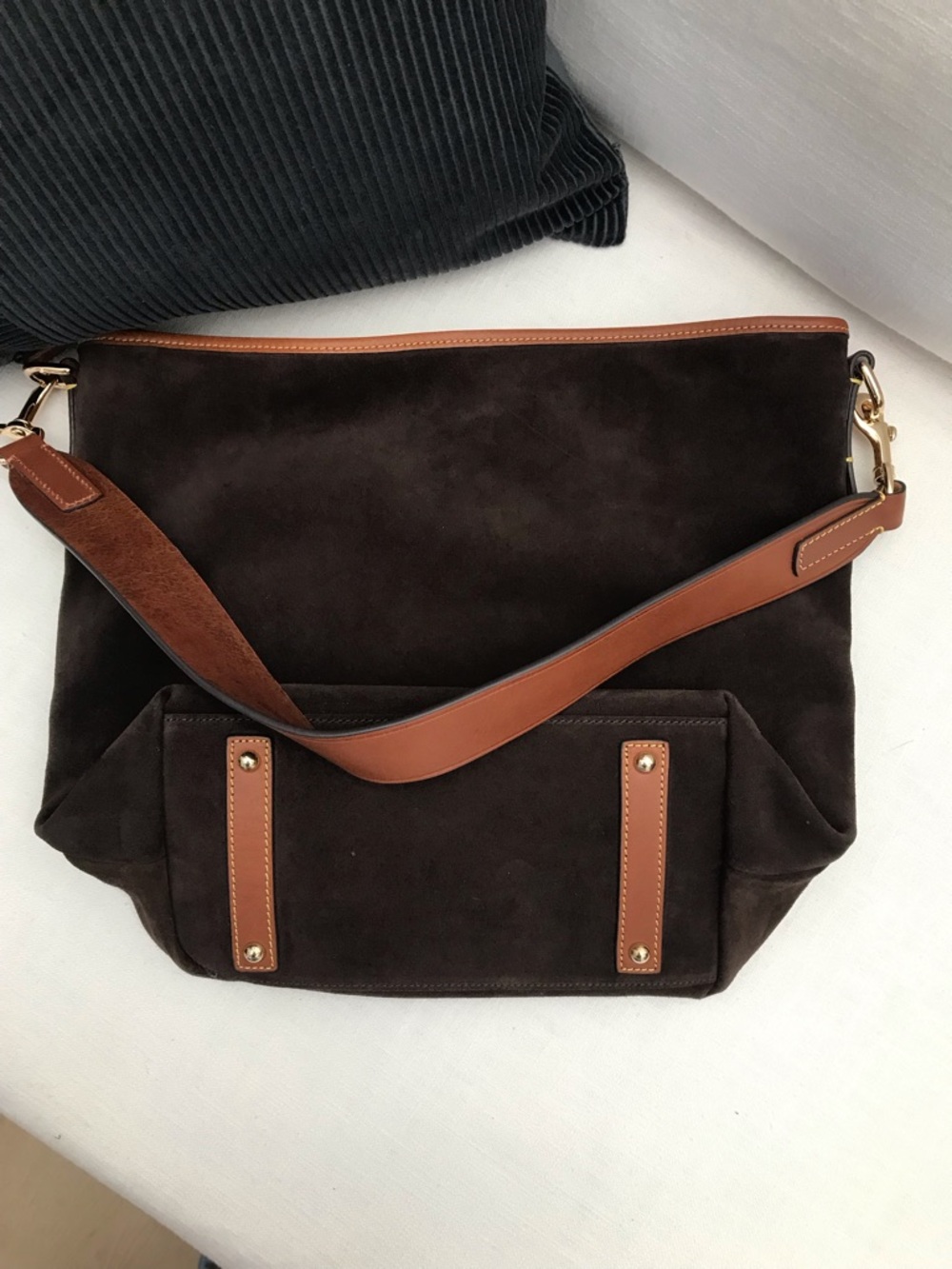 Dooney & Bourke Brown Suede Hobo Bag with Italian Leather Camel Trim - Picture 5 of 9